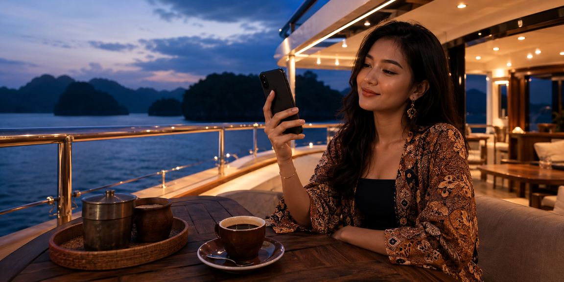 Pengguna mengakses aplikasi kasino mobile dengan aman di kedai kopi modern