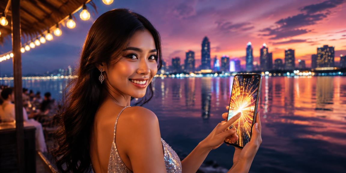Pengguna mengakses platform casino mobile di pantai dengan nyaman